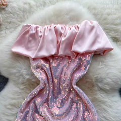 Pink Ruffle Neckline Sequins Dress