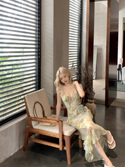 Damen Sommer Chiffon Riemchenkleid mit V-Ausschnitt und Strapsen