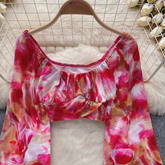 Verwischtes One-Shoulder-Shirt Damen Sommer Laternenärmel Design Kurzes Crop Top