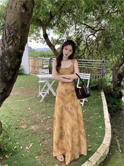 Damen Sommerkleid mit Hosenträgern und Ölgemälde-Print