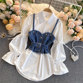 Retro Blouses Women's puff sleeve loose all-match denim camisole stacked two-piece suit