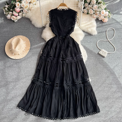 Retro palace style hollow embroidered V-neck sleeveless ruffle dress