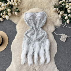 Trägerloses Kleid mit Patchwork-Pailletten und Fransen