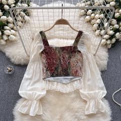 Square neck short lace puff sleeve top