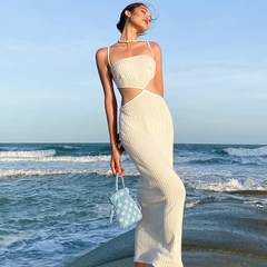 Vestido largo de verano con tirantes, espalda descubierta y calado