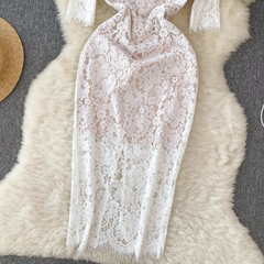 Vestido retro elegante de encaje con escote cuadrado y mangas cinco cuartos