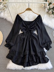 Laternen-Langarm-A-Linien-Kleid mit V-Ausschnitt und mittlerer Länge