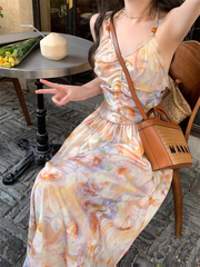 Oil painting floral floral halter neck suspender dress summer