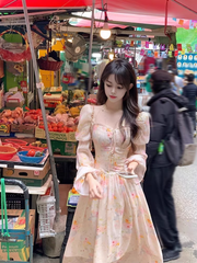 Damen Chiffonkleid mit eckigem Ausschnitt, Puffärmeln und Blumenmuster