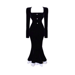 Retro Meerjungfrau Kleid Damen Herbst schwarz Retro Samt Kleid