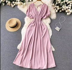 Pure color Puff Sleeves Maxi Dress