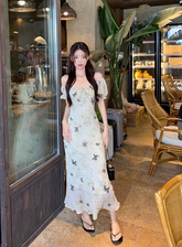 Sommerkleid für Damen mit Retro-Schmetterlings-Print und Puffärmeln