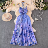 Vestido de vacaciones con estampado de pintura al óleo, abertura y patchwork con volantes