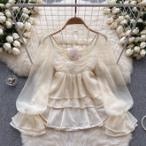 Camisa de manga abullonada Top elegante de gasa con estampado floral tridimensional para mujer