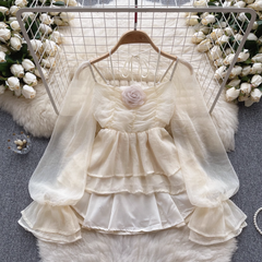 Camisa de manga abullonada Top elegante de gasa con estampado floral tridimensional para mujer