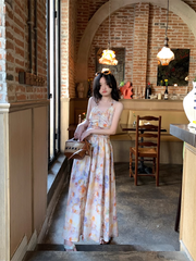 Oil painting floral floral halter neck suspender dress summer