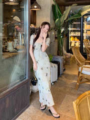 Sommerkleid für Damen mit Retro-Schmetterlings-Print und Puffärmeln