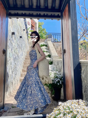 Rückenfreies, geblümtes Strapskleid für Damen in Blau