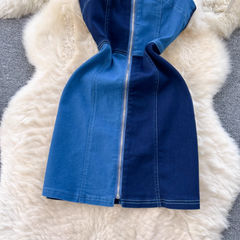 Damen Sommer Retro Kontrastfarbe Denim Hosenträger Kleid
