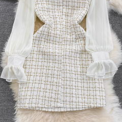 Vestido de tweed con costuras de gasa, manga larga y cintura en forma de A