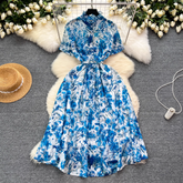 Sommer neue retro elegante modische gedruckt kurzarm lange kleid