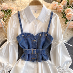 Retro Blouses Women's puff sleeve loose all-match denim camisole stacked two-piece suit