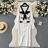 Knitted dress Women's autumn and winter bow single-breasted design maxi dress