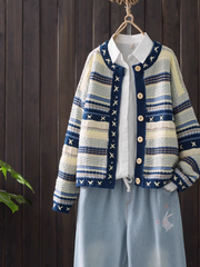 Strickjacke mit Rundhalsausschnitt und Farbblock-Design, Pulloverjacke