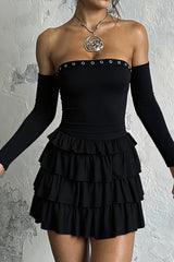 Eyelet Trim Strapless Layered Ruffled Mini Dresses Oversleeves Set - Black