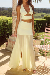Halter Cutout Crop Top Slit Semi Sheer Maxi Skirt 2pcs Set - Yellow