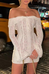 Off Shoulder Flare Sleeve Floral Lace Bodycon Mini Dresses - White