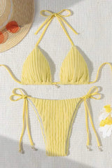 Wavy Textured Solid Color Halter Tie Up Bikini 2pcs Set - Green