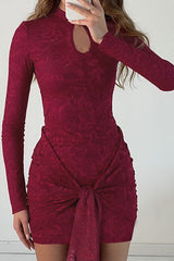 Stand Collar Long Sleeve Cutout Ruched Streamer Lace Mini Dresses - Burgundy