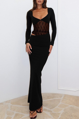 V Neck Long Sleeve Lace Patchwork Cutout Slim Fit Maxi Dresses - Black