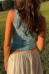 Deep V Neck Jacquard Lace Crop Tank Top - Blue