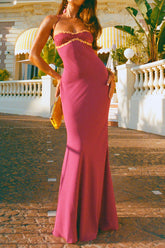 Floral Trim Sequin Beady Solid Color Halter Maxi Dresses - Fuchsia Pre Order