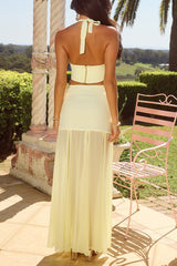 Halter Cutout Crop Top Slit Semi Sheer Maxi Skirt 2pcs Set - Yellow