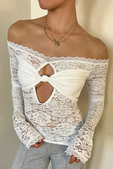 Off Shoulder Twisted Knot Cutout Floral Lace Long Sleeve Top - White