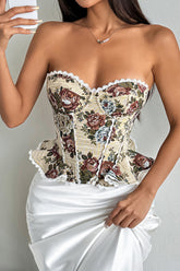 Lace Trim Sweetheart Neckline Strapless Floral Pattern Ruffled Corset - Beige