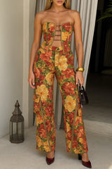 Floral Print Strapless Slit Top High Waist Pants 2pcs Set - Yellow Pre Order
