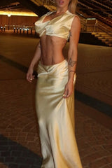 Cowl Neckline Crop Top Solid Color Twisted Maxi Skirt Set - LightYellow