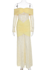 Jacquard Lace Patchwork Off Shoulder Long Sleeve Ruched Maxi Dresses - Yellow