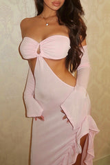 Strapless Cutout Ruffled Slit Maxi Dresses Flare Sleeves Set - Pink Pre Order