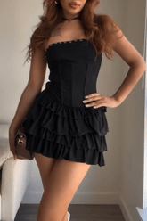 Strapless Corset Tiered Ruffled Hem Mini Dresses - Black