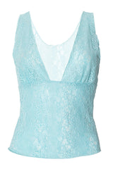 Deep V Neck Jacquard Lace Crop Tank Top - Blue