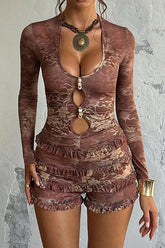 U Neckline Long Sleeve Floral Pattern Cutout Frilled Playsuit Romper - RedBrown