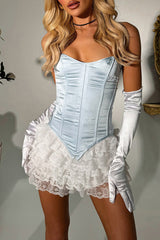 Corset Lace Ruffle Layered Strapless Satin Mini Dresses - Blue
