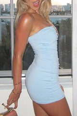 Ruched Bodycon Metal Conch Decor Mini Tube Dresses - Blue