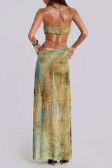 Gradient Pattern High Slit Halter Irregular Maxi Dresses - Green
