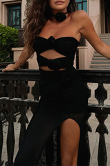 3D Flower Decor Cutout Strapless High Slit Midi Dresses - Black